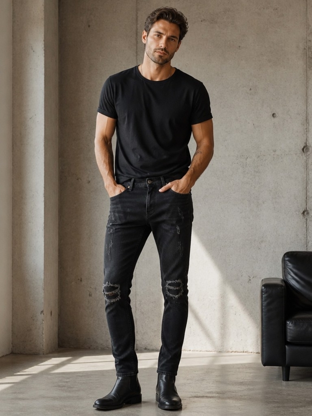 Serenede Men's Slim Straight Distressed Black Jeans
